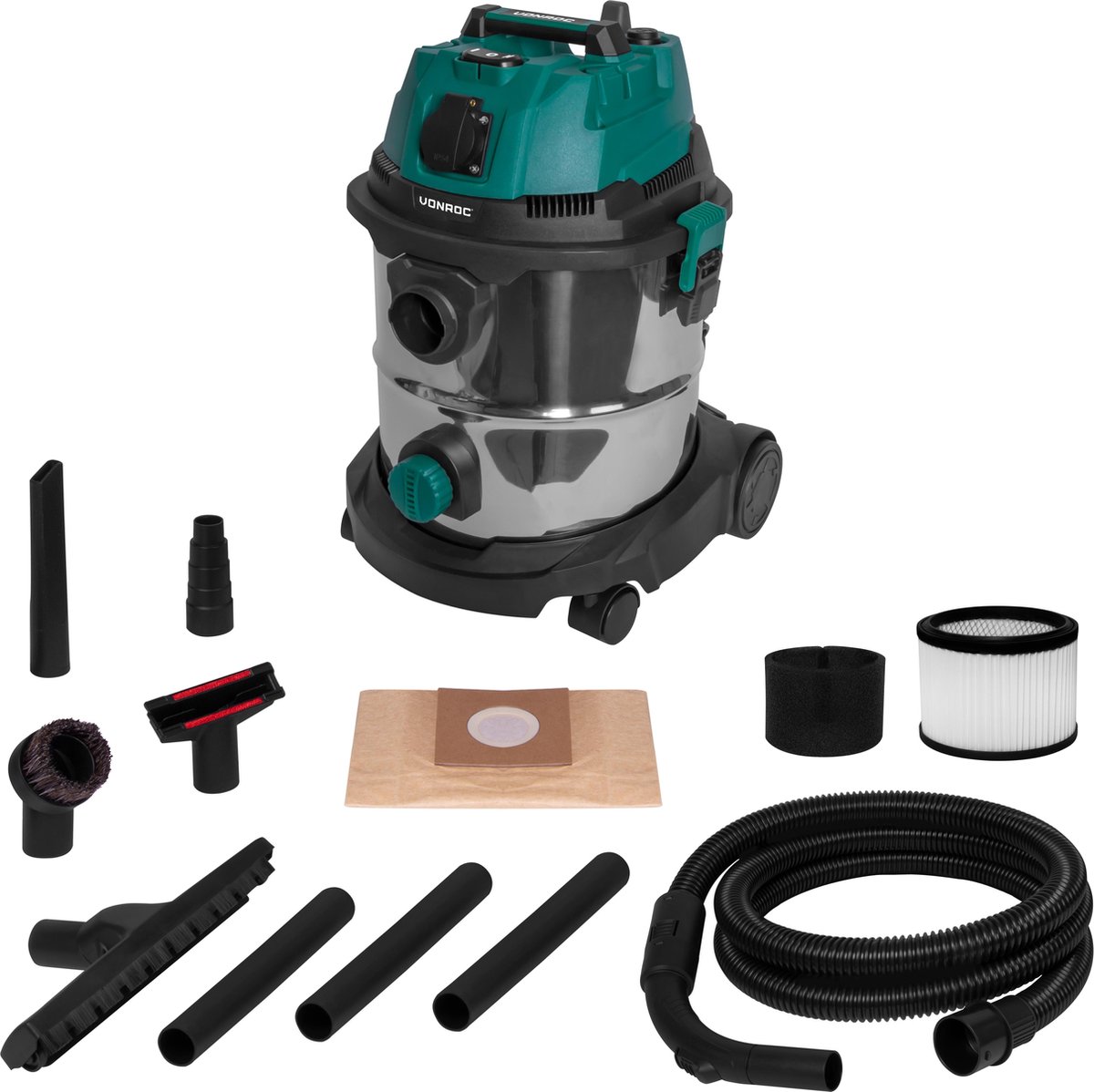 VONROC Nat- en droogzuiger 1400W 20L RVS