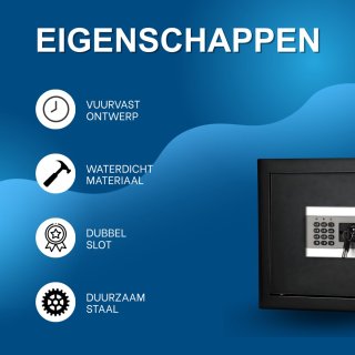 Wat vinden we goed aan de Kluis Nero - 37cm - Brandwerend en waterdicht - Kluisjes met cijferslot - 2 sleutels - Digitaal toetsenbord - Zwart