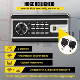 Bolture Kluis Brandwerend met Sleutel - Kluisje met Cijferslot - Vingerafdruk - Elektronisch - 35 x 30 x 40 cm - Zwart