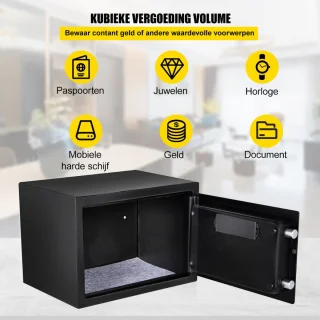 Bolture Kluis Brandwerend met Sleutel - Kluisje met Cijferslot - Vingerafdruk - Elektronisch - 35 x 30 x 40 cm - Zwart