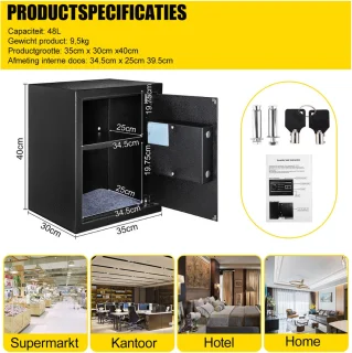 Bolture Kluis Brandwerend met Sleutel - Kluisje met Cijferslot - Vingerafdruk - Elektronisch - 35 x 30 x 40 cm - Zwart
