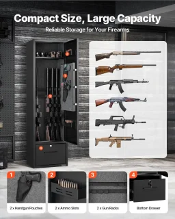 VEVOR Rifle Cabinet Lange wapenkast voor geweren en pistolen, brandwerende wapenkluis met 2 munitiecompartimenten en 2 verstelbare planken, grote wapenkast met sleutel- en wachtwoordslot