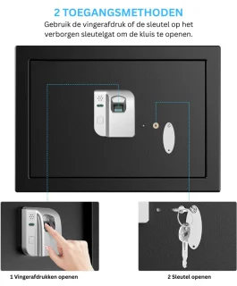 Kluis met Vingerafdruk - Brandwerend - Safe met Noodsleutel - Zwart