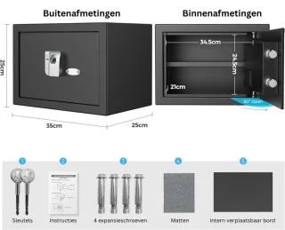 Kluis met Vingerafdruk - Brandwerend - Safe met Noodsleutel - Zwart
