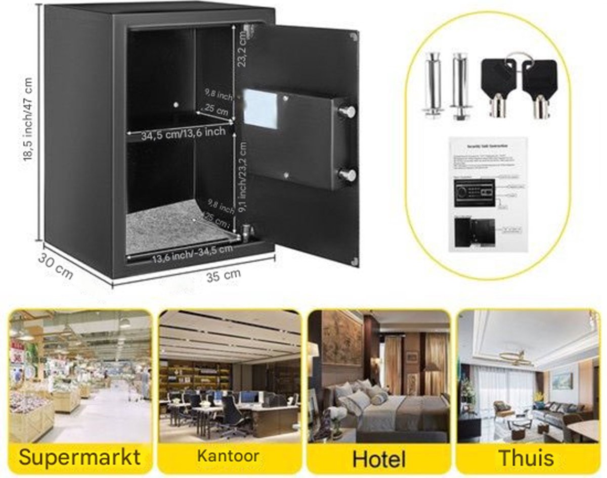 Wat vinden we goed aan de Brandwerende kluis 60L met cijferslot, elektronisch, vingerafdruk en sleutel