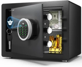 Brandwerende kluis met dubbel alarmsysteem en digitale code, 32 liter, zwart