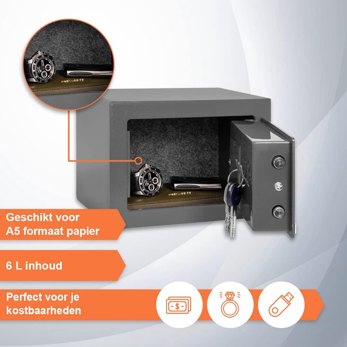 Wat vinden we goed aan de Elektronische Kluis 6L met Cijferslot en Sleutel Grijs