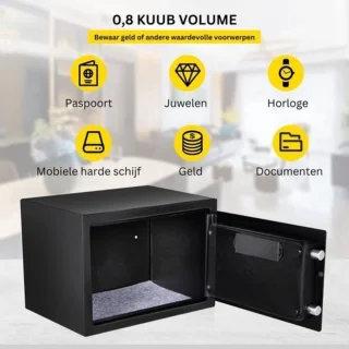 Luxe Elektrische Kluis 22L met Cijferslot, Sleutel & Vingerafdruk Zwart