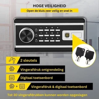 Luxe Elektrische Kluis 22L met Cijferslot, Sleutel & Vingerafdruk Zwart