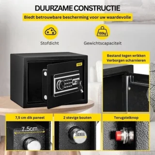 Luxe Elektrische Kluis 22L met Cijferslot, Sleutel & Vingerafdruk Zwart