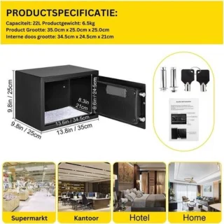 Luxe Elektrische Kluis 22L met Cijferslot, Sleutel & Vingerafdruk Zwart