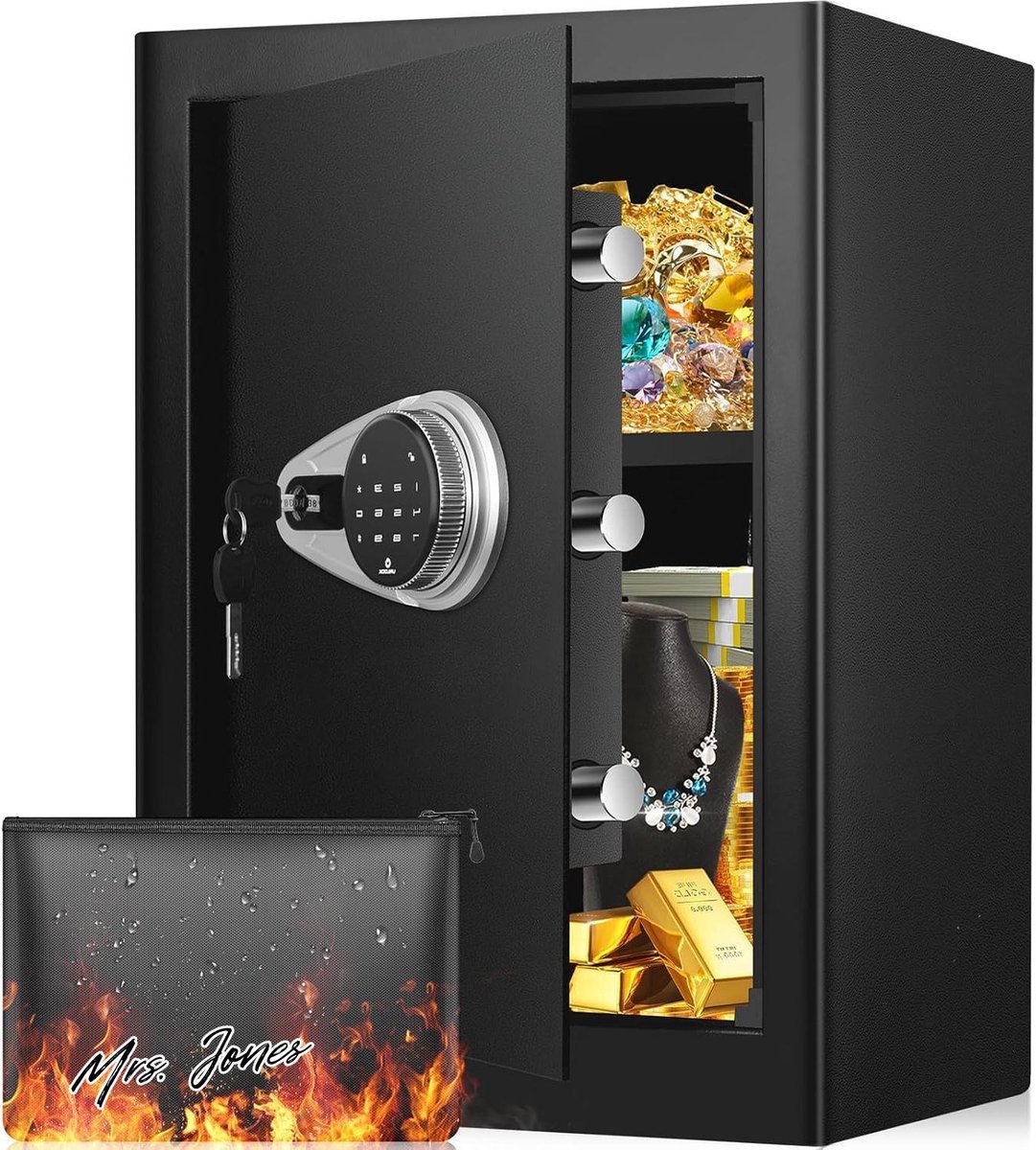 De Mrs. Jones brandwerende waterdichte kluis met aanraakscherm en cijferslot in één oogopslag