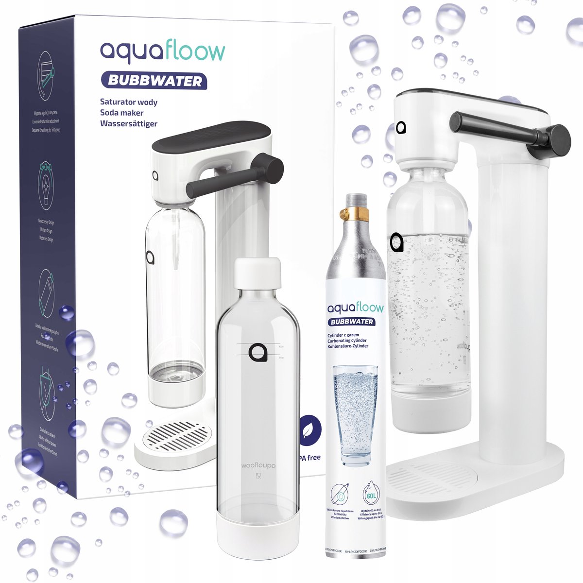 De AquaFloow Saturator sodawatermaker set 800 ml wit/zwart in één oogopslag