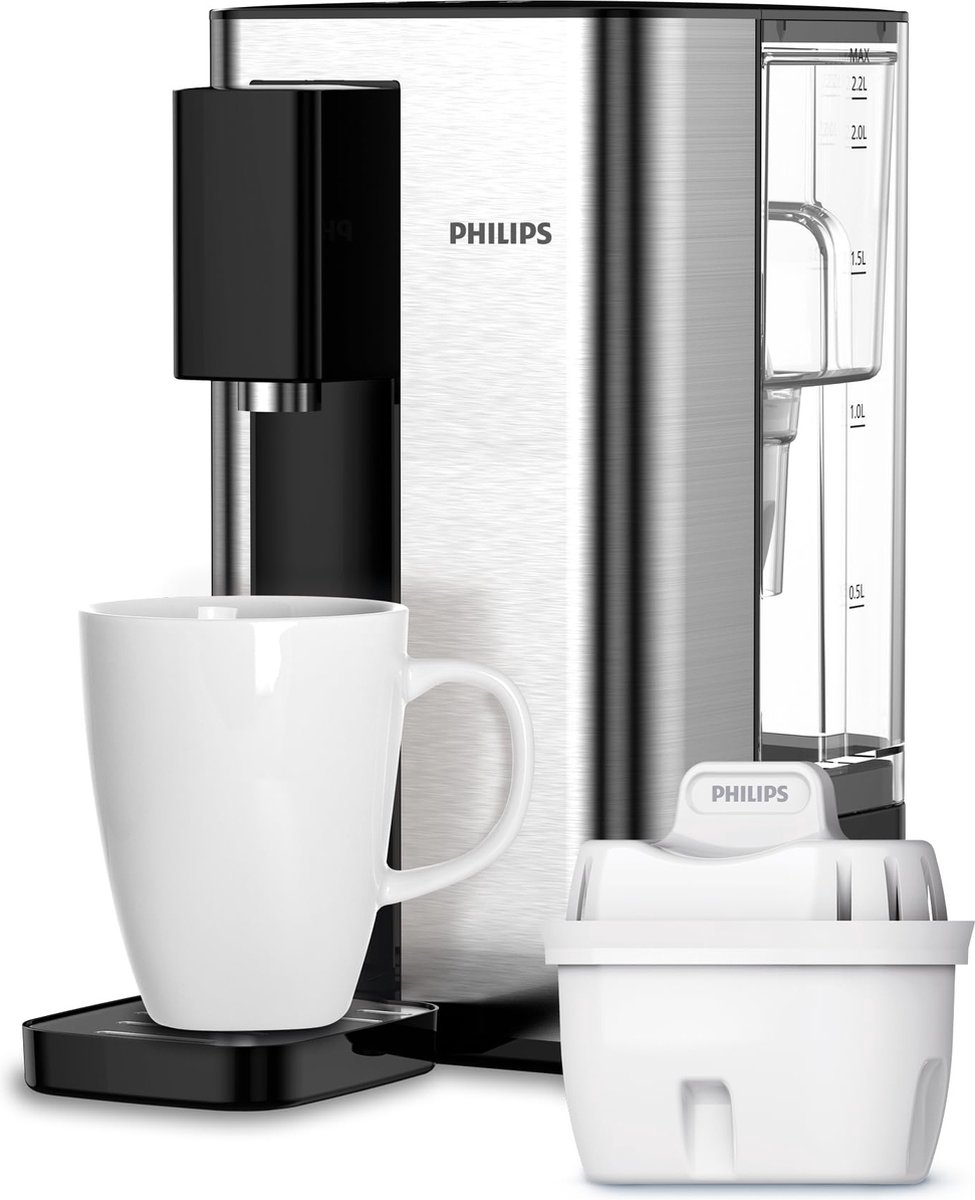 De Elektronische waterdispenser zilver/zwart in één oogopslag