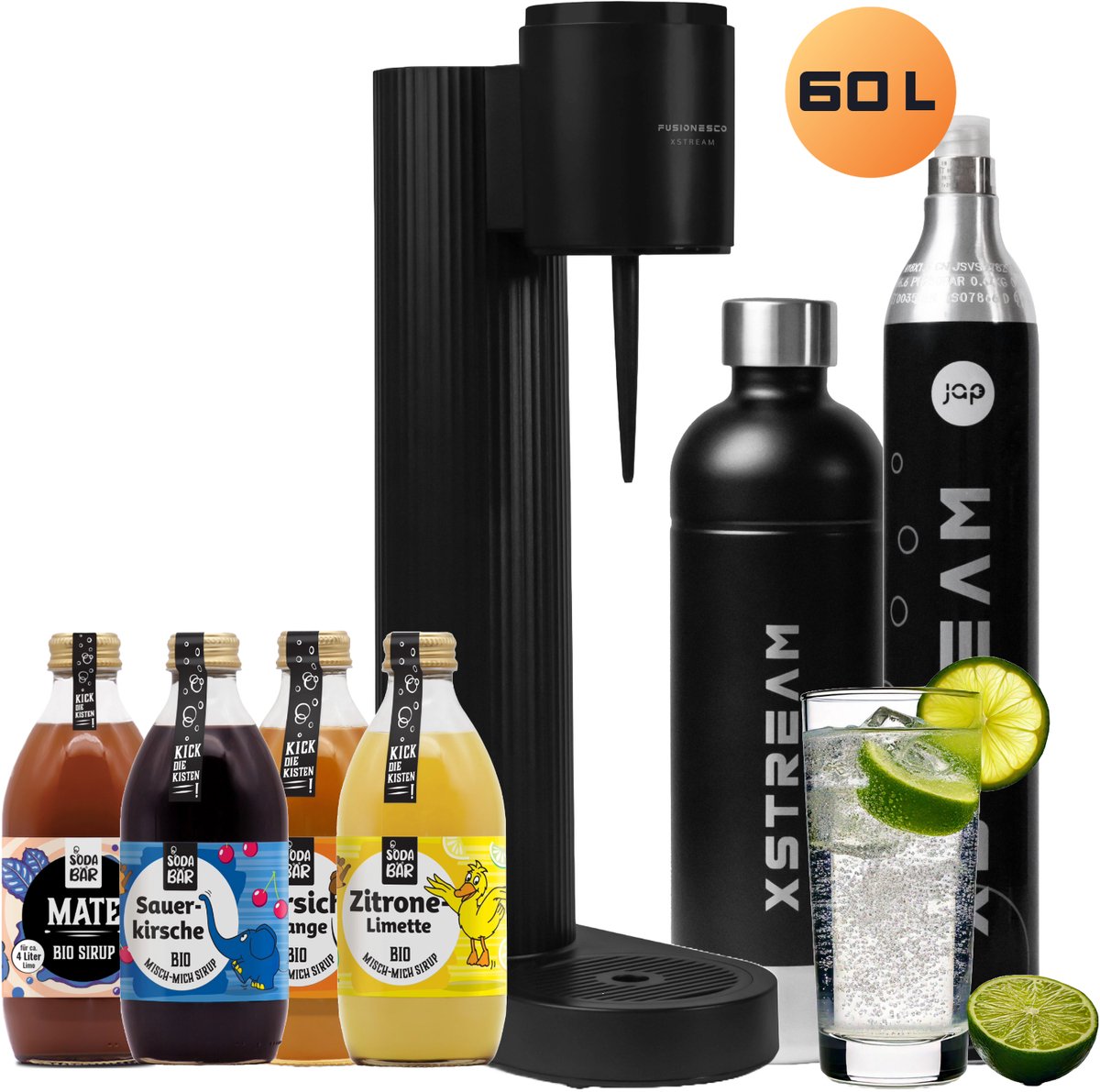 De JAP Appliances Xstream Bruiswatertoestel Zwart met RVS Fles en CO2 Cilinder in één oogopslag