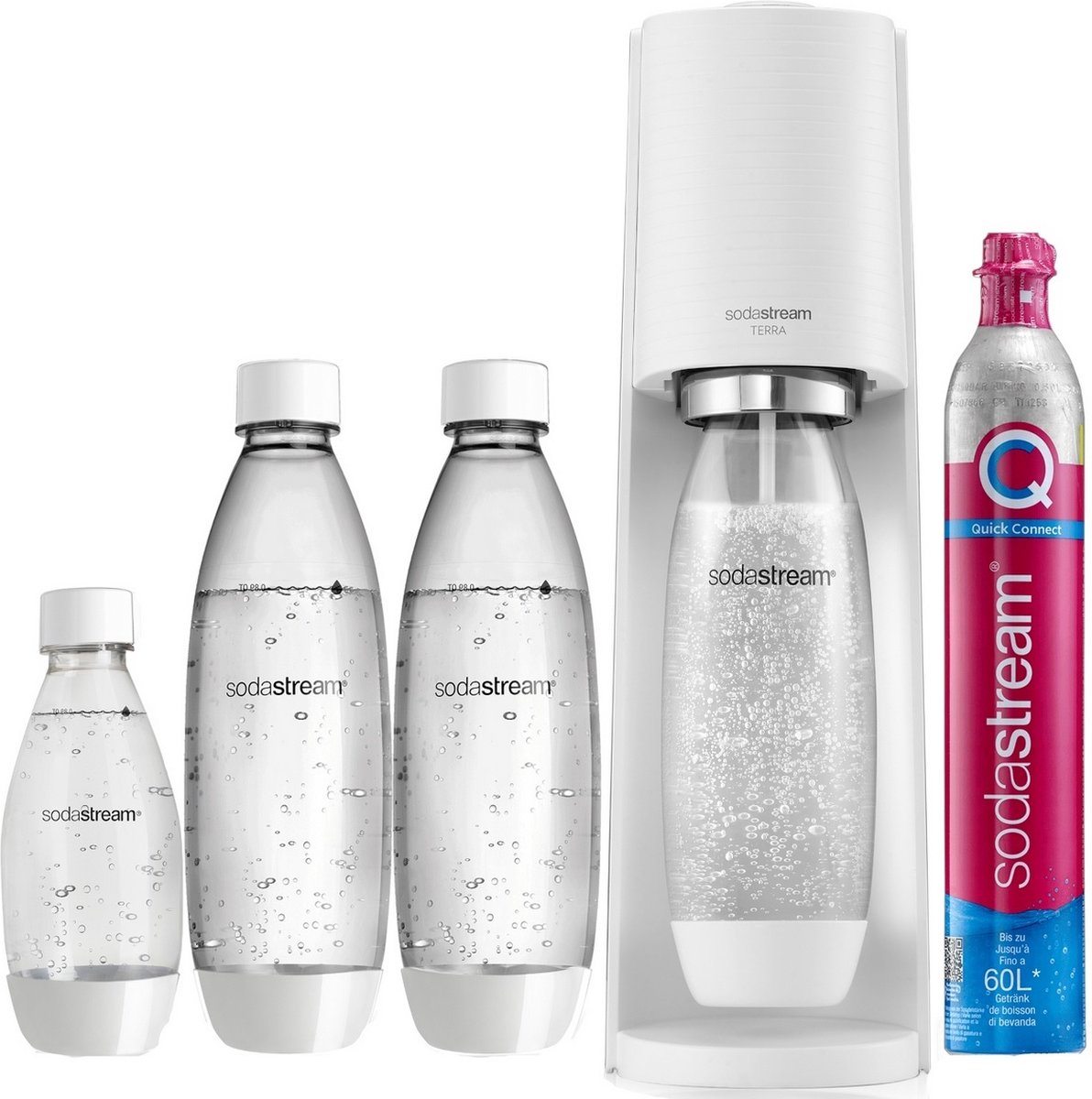 De SodaStream MegaPack wit met 3 flessen en CO2 cilinder in één oogopslag
