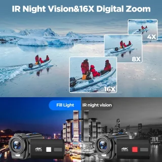 4K videocamera voor vloggen, IR-nachtzicht, zwart