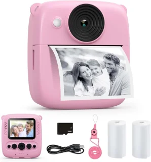 ‌CalineGam Kindercamera Direct Printen, 48MP Digitale Videocamera met 32GB Kaart & Fotopapier, 2.0" Scherm Direct Afdrukken (Ideaal Kerst- en Verjaardagscadeau) voor Jongens Meisjes 3-12 Jaar (Roze)