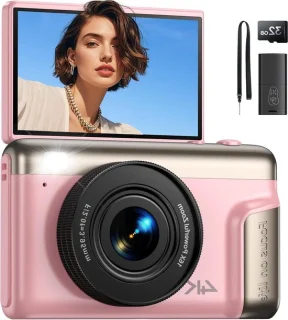 Digitale camera compact 4K video 64MP 3 inch flip screen roze