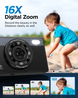 Digitale camera voor kinderen met 48 MP en 64 GB opslag – zwart