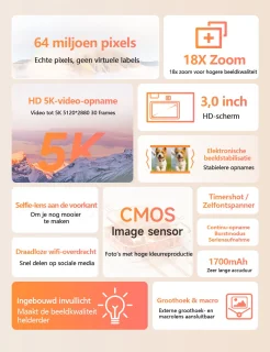 Gloovon 5K Digitale Camera 64MP Zwart