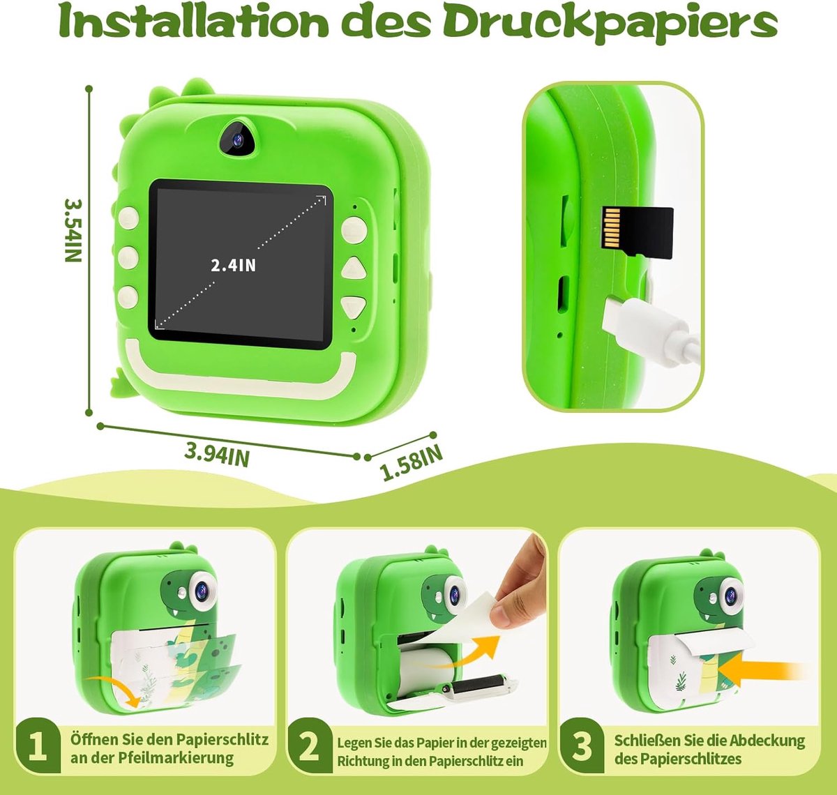 De RFWR® Digitale Kinderinstantcamera 12MP 1080p 2,4" met 32GB SD en Printtechnologie in één oogopslag