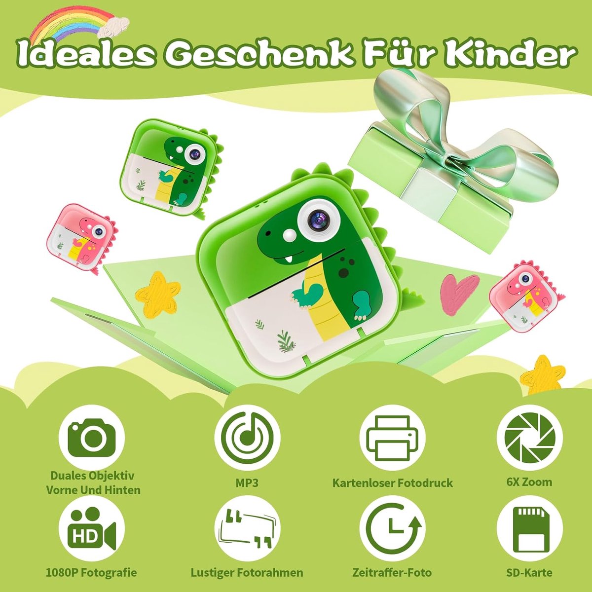 Wat vinden we goed aan de RFWR® Digitale Kinderinstantcamera 12MP 1080p 2,4" met 32GB SD en Printtechnologie