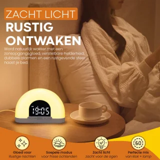 Wake-up Light Wekker – Zonsopgang Simulatie – Dubbele Alarmfunctie – Nachtlampje & Slaaptrainer – Compact Design