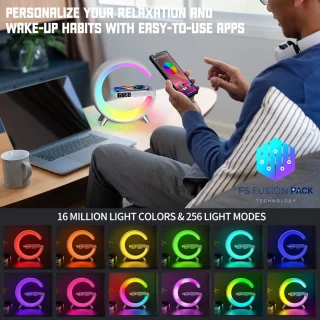 Big G-Light - Wake-up Light -APP-bediening -Wekker - Sfeerlamp -Nachtlamp- FS Fusion Pack Groot G-Lamp – Smart Tafellamp met Bluetooth Speaker, 15W Draadloos Opladen, RGB Kleurenlicht,– Moderne Nachtlamp met Wekker – USB Oplaadbaar – Kerst Cadeau