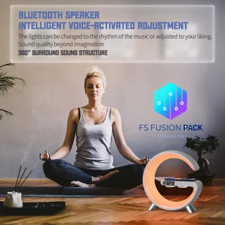 Big G-Light - Wake-up Light -APP-bediening -Wekker - Sfeerlamp -Nachtlamp- FS Fusion Pack Groot G-Lamp – Smart Tafellamp met Bluetooth Speaker, 15W Draadloos Opladen, RGB Kleurenlicht,– Moderne Nachtlamp met Wekker – USB Oplaadbaar – Kerst Cadeau