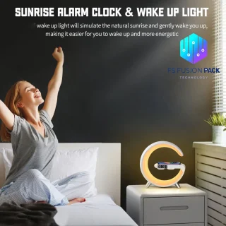 Big G-Light - Wake-up Light -APP-bediening -Wekker - Sfeerlamp -Nachtlamp- FS Fusion Pack Groot G-Lamp – Smart Tafellamp met Bluetooth Speaker, 15W Draadloos Opladen, RGB Kleurenlicht,– Moderne Nachtlamp met Wekker – USB Oplaadbaar – Kerst Cadeau