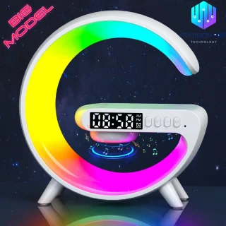 Big G-Light - Wake-up Light -APP-bediening -Wekker - Sfeerlamp -Nachtlamp- FS Fusion Pack Groot G-Lamp – Smart Tafellamp met Bluetooth Speaker, 15W Draadloos Opladen, RGB Kleurenlicht,– Moderne Nachtlamp met Wekker – USB Oplaadbaar – Kerst Cadeau