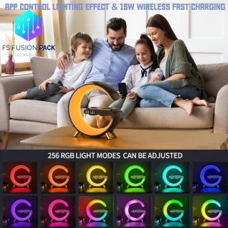 Big G-Light - Wake-up Light -APP-bediening -Wekker - Sfeerlamp -Nachtlamp- FS Fusion Pack Groot G-Lamp – Smart Tafellamp met Bluetooth Speaker, 15W Draadloos Opladen, RGB Kleurenlicht,– Moderne Nachtlamp met Wekker – USB Oplaadbaar – Kerst Cadeau