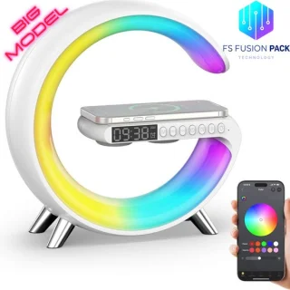 Big G-Light - Wake-up Light -APP-bediening -Wekker - Sfeerlamp -Nachtlamp- FS Fusion Pack Groot G-Lamp – Smart Tafellamp met Bluetooth Speaker, 15W Draadloos Opladen, RGB Kleurenlicht,– Moderne Nachtlamp met Wekker – USB Oplaadbaar – Kerst Cadeau