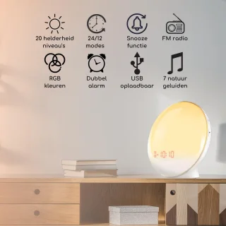 Wake Up light- Lichtwekker - Wekkerradio met natuurgeluiden – Nachtlampje – Bedlamp – Zonlicht simulatie – Smartapp