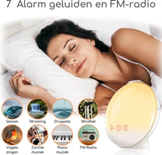 Wake Up light- Lichtwekker - Wekkerradio met natuurgeluiden – Nachtlampje – Bedlamp – Zonlicht simulatie – Smartapp
