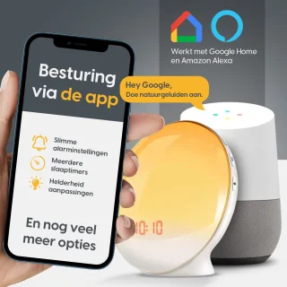 ProSova Wake Up Light met App Pro - Slaaptrainer - Wekkerradio - Nachtlamp - Dubbele Wektijd - 7 Kleuren - USB aansluiting - Google Home - + Gratis (E)-Slaapboek