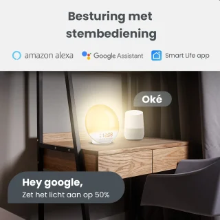 ProSova Wake Up Light met App Pro - Slaaptrainer - Wekkerradio - Nachtlamp - Dubbele Wektijd - 7 Kleuren - USB aansluiting - Google Home - + Gratis (E)-Slaapboek