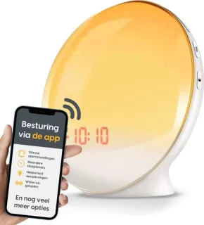 ProSova Wake Up Light met App Pro - Slaaptrainer - Wekkerradio - Nachtlamp - Dubbele Wektijd - 7 Kleuren - USB aansluiting - Google Home - + Gratis (E)-Slaapboek