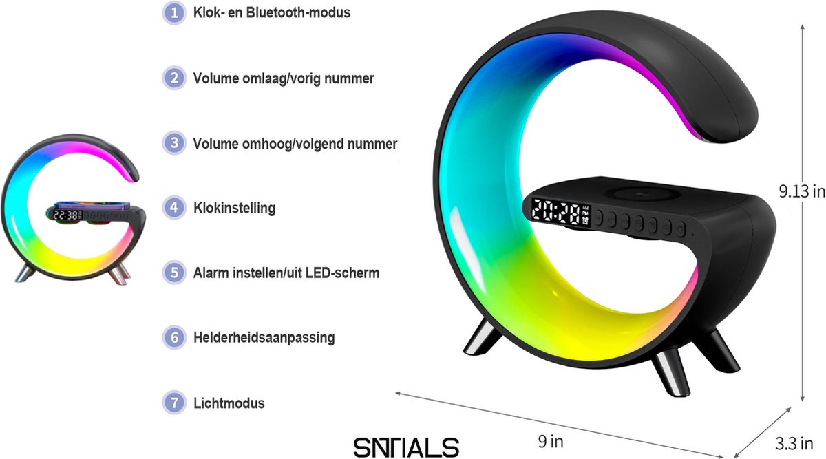 SNTIALS Wake Up Light Zwart - Lichtwekker met Draadloze Oplader en Bluetooth Speaker