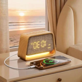 Wekker met Licht - Nachtlamp Klok - Rustig Slapen - 20 Slaapgeluiden - S - Houtnerf