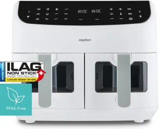 MEDION P20 XXL Heteluchtfriteuse met dubbele kamer (8,7 L, Airfryer, 2.600 W, 10 automatische programma’s, 2 lades, kijkvenster, Dual Cook & Sync Finish) mat