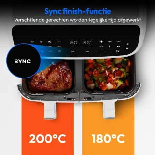 MEDION P20 XXL Heteluchtfriteuse met dubbele kamer (8,7 L, Airfryer, 2.600 W, 10 automatische programma’s, 2 lades, kijkvenster, Dual Cook & Sync Finish) mat