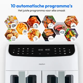 MEDION P20 XXL Heteluchtfriteuse met dubbele kamer (8,7 L, Airfryer, 2.600 W, 10 automatische programma’s, 2 lades, kijkvenster, Dual Cook & Sync Finish) mat