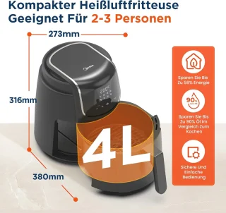 4L XL Heteluchtfriteuse met LED-Touchscreen en 8 Kookfuncties