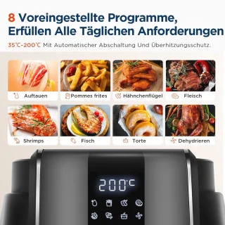 4L XL Heteluchtfriteuse met LED-Touchscreen en 8 Kookfuncties