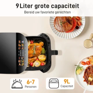 Digitale Airfryer XXL 9L Sinaopus 8005A -1800W Heteluchtfriteuse - Kleurendisplay - 12 Voorgeprogrammeerde Functies - Slimme Tijd & Temperatuurregeling - Capaciteit voor 5 Personen