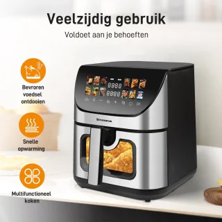 Digitale Airfryer XXL 9L Sinaopus 8005A -1800W Heteluchtfriteuse - Kleurendisplay - 12 Voorgeprogrammeerde Functies - Slimme Tijd & Temperatuurregeling - Capaciteit voor 5 Personen
