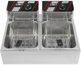 Elektrische Friteuse - Dubbele Tank - Dompel Frituurpan - Professionele Frituurmachine - Roestvrijstaal - 2 x 6L Capaciteit - 2 x 2500W Vermogen - Temperatuurregeling - Voor Friet, Snacks, Kip, Garnalen - Horeca & Thuisgebruik