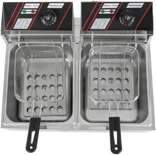 Elektrische Friteuse - Dubbele Tank - Dompel Frituurpan - Professionele Frituurmachine - Roestvrijstaal - 2 x 6L Capaciteit - 2 x 2500W Vermogen - Temperatuurregeling - Voor Friet, Snacks, Kip, Garnalen - Horeca & Thuisgebruik